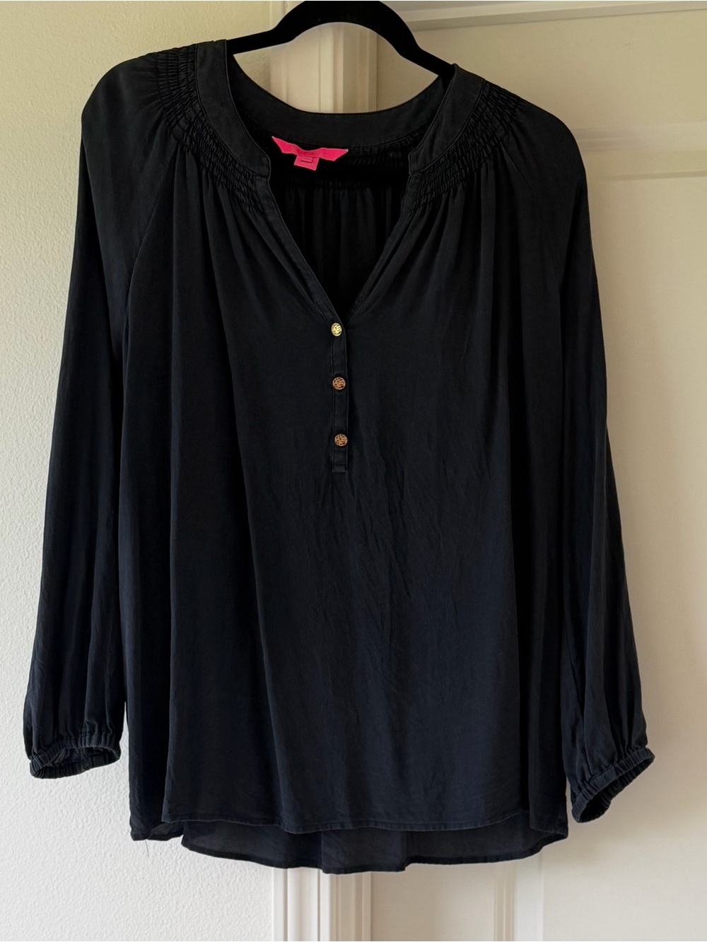 Lilly Pulitzer Black Long-Sleeve Henley Blouse - Picture 2 of 9